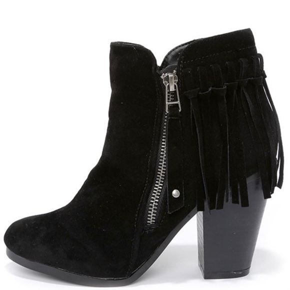 Black Suede Fringe Booties - Picture 2 of 6